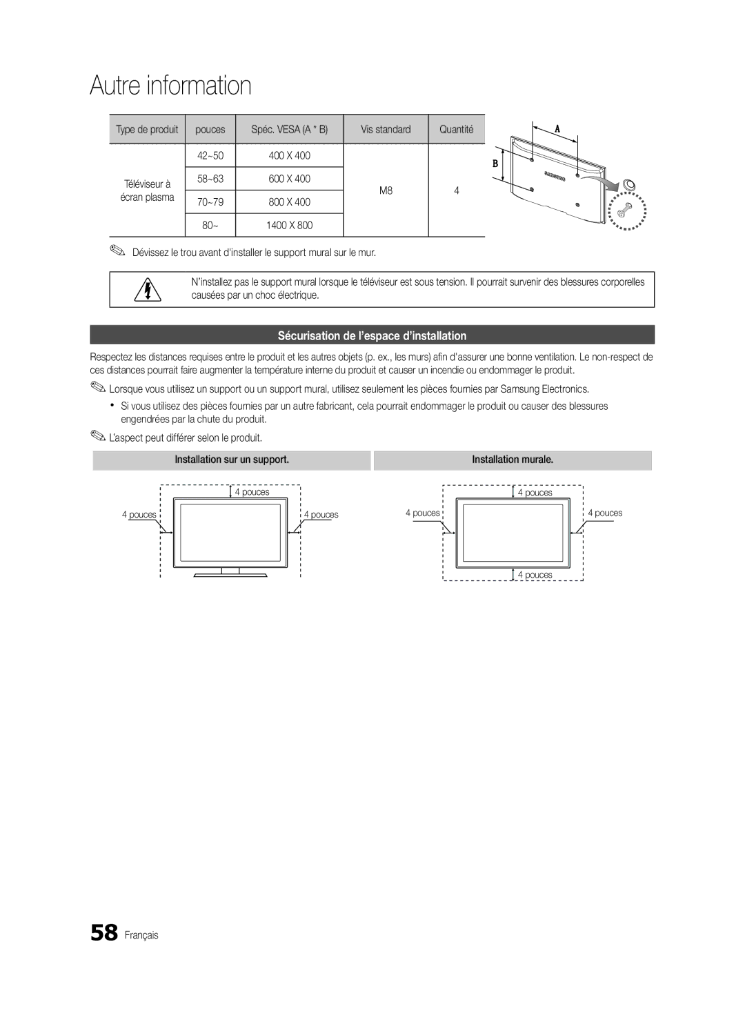 Samsung PN58C7000, PN63C7000, PN50C7000 user manual Sécurisation de l’espace d’installation, Pouces, Vis standard Quantité 