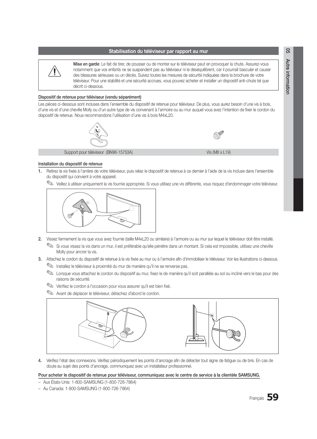 Samsung PN50C7000, PN63C7000, PN58C7000 user manual Stabilisation du téléviseur par rapport au mur 