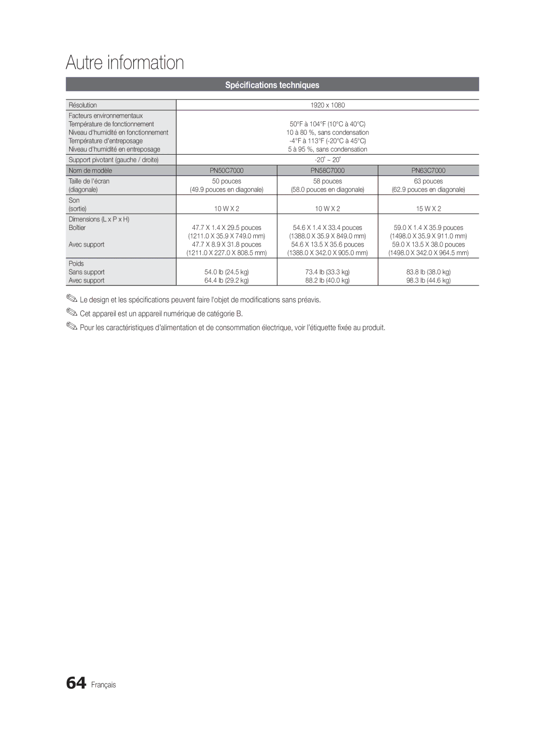 Samsung PN58C7000, PN63C7000, PN50C7000 user manual Spécifications techniques 