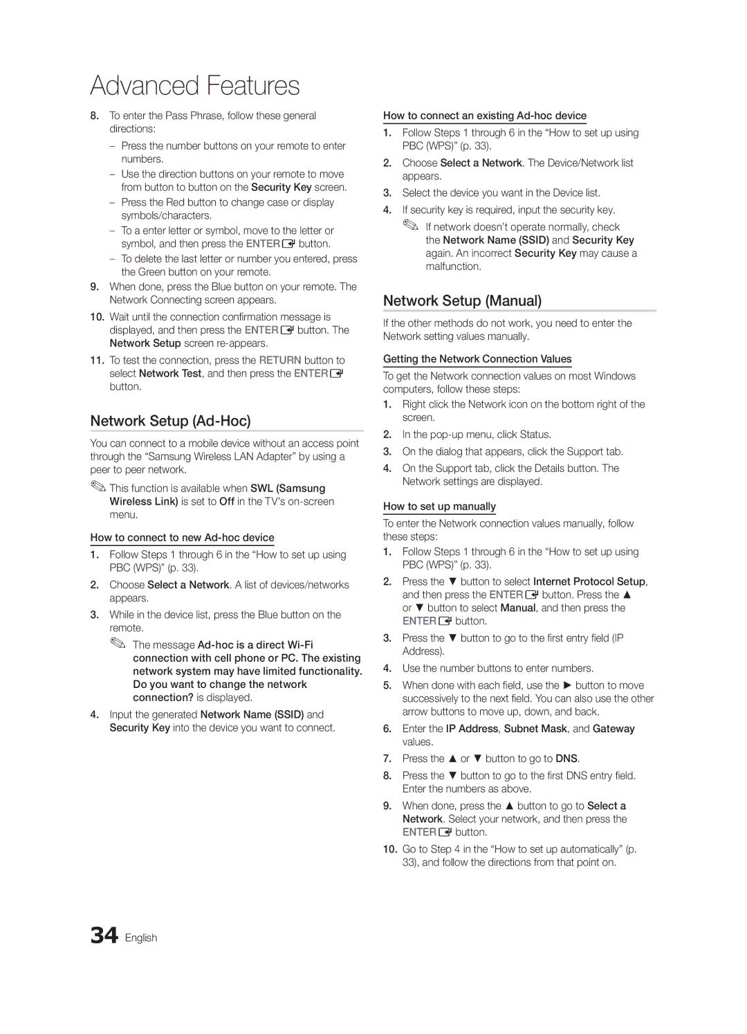 Samsung PN58C7000, PN63C7000, PN50C7000 user manual Network Setup Ad-Hoc, Network Setup Manual 