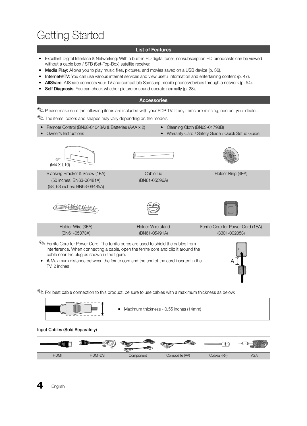 Samsung PN58C7000, PN63C7000, PN50C7000 user manual Getting Started, List of Features, Accessories 