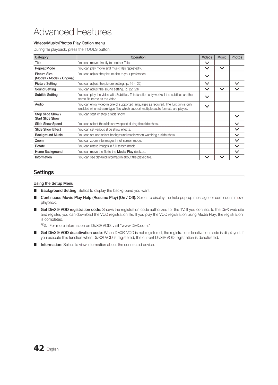 Samsung PN63C7000, PN58C7000, PN50C7000 user manual Settings, Videos/Music/Photos Play Option menu, Press the Tools button 