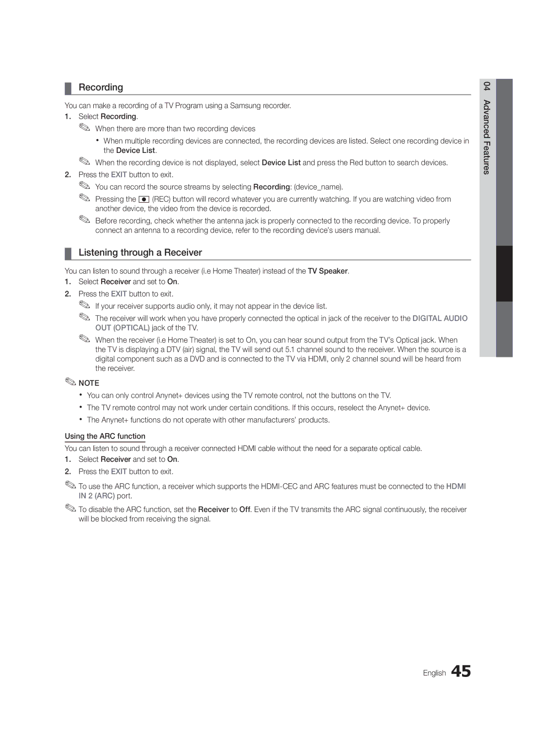 Samsung PN63C7000, PN58C7000, PN50C7000 user manual Recording, Listening through a Receiver 