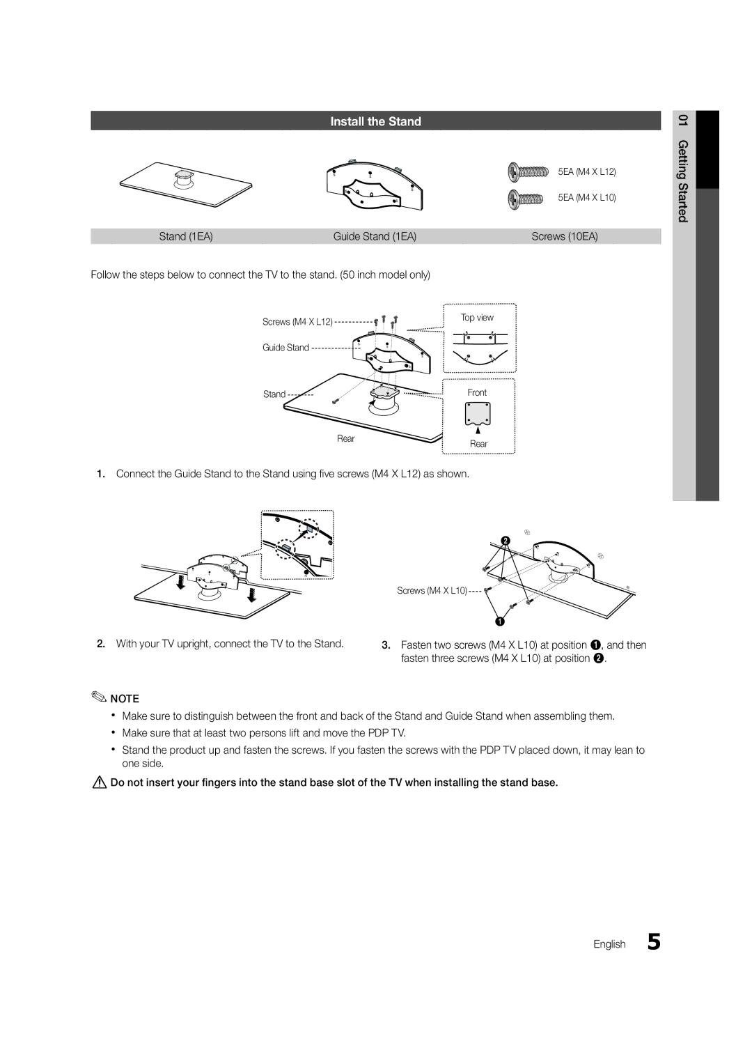 Samsung PN50C7000, PN63C7000, PN58C7000 user manual Install the Stand, Stand 1EA, Screws 10EA 