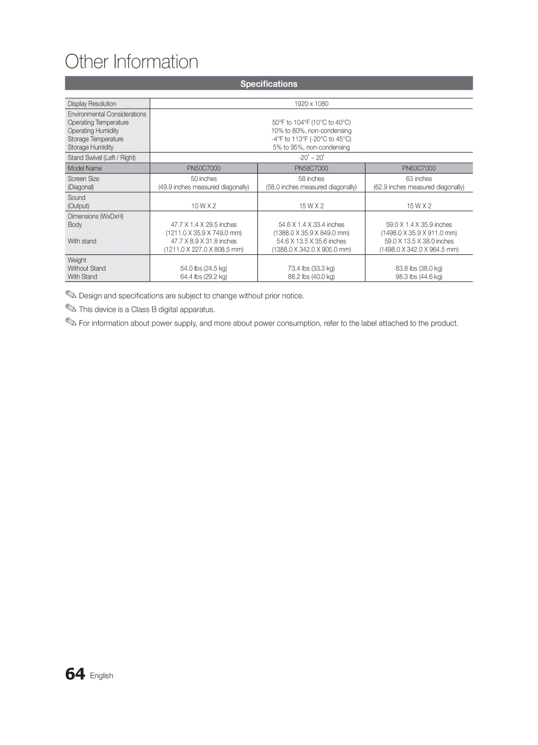 Samsung PN58C7000, PN63C7000, PN50C7000 user manual Specifications 