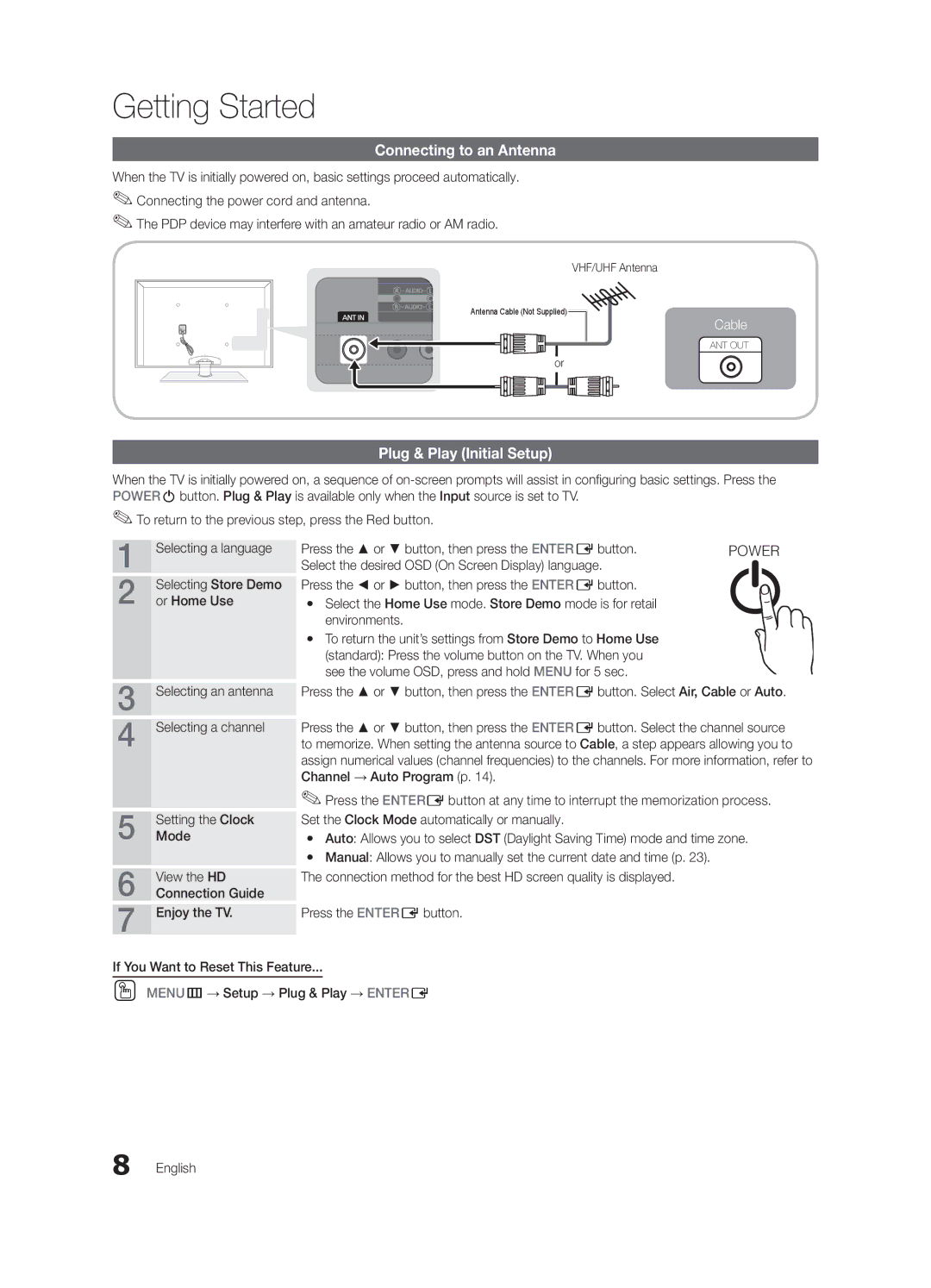 Samsung PN50C7000 Connecting to an Antenna, Plug & Play Initial Setup, Press the or button, then press the ENTEREbutton 