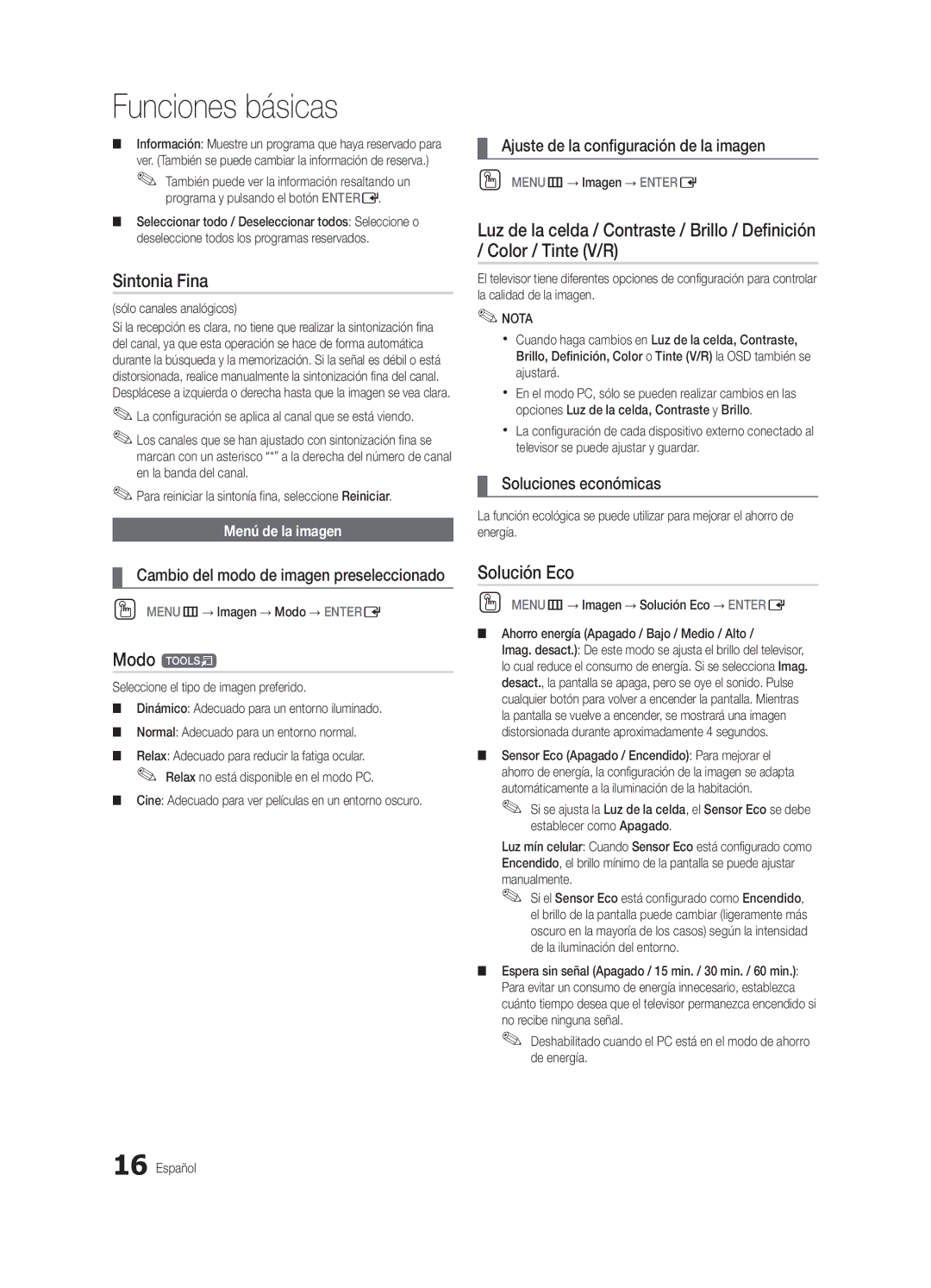 Samsung PN58C7000, PN63C7000, PN50C7000 user manual Sintonia Fina, Modo t, Solución Eco 