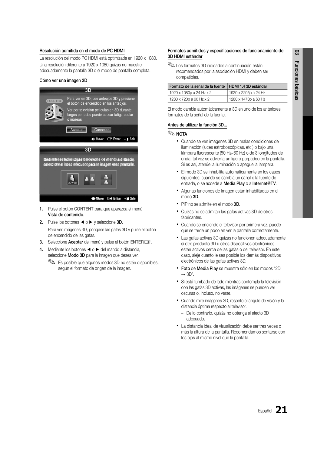 Samsung PN63C7000, PN58C7000, PN50C7000 user manual Resolución admitida en el modo de PC Hdmi, Cómo ver una imagen 3D, → 3D 