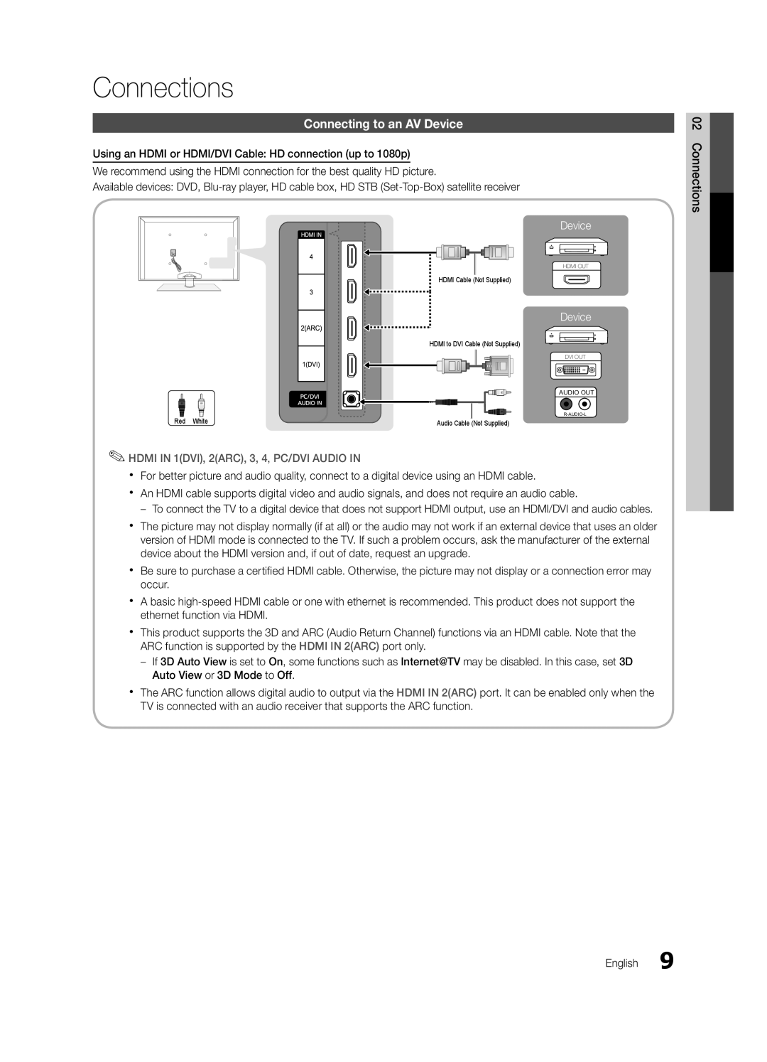 Samsung PN63C7000, PN58C7000, PN50C7000 user manual Connections, Connecting to an AV Device 