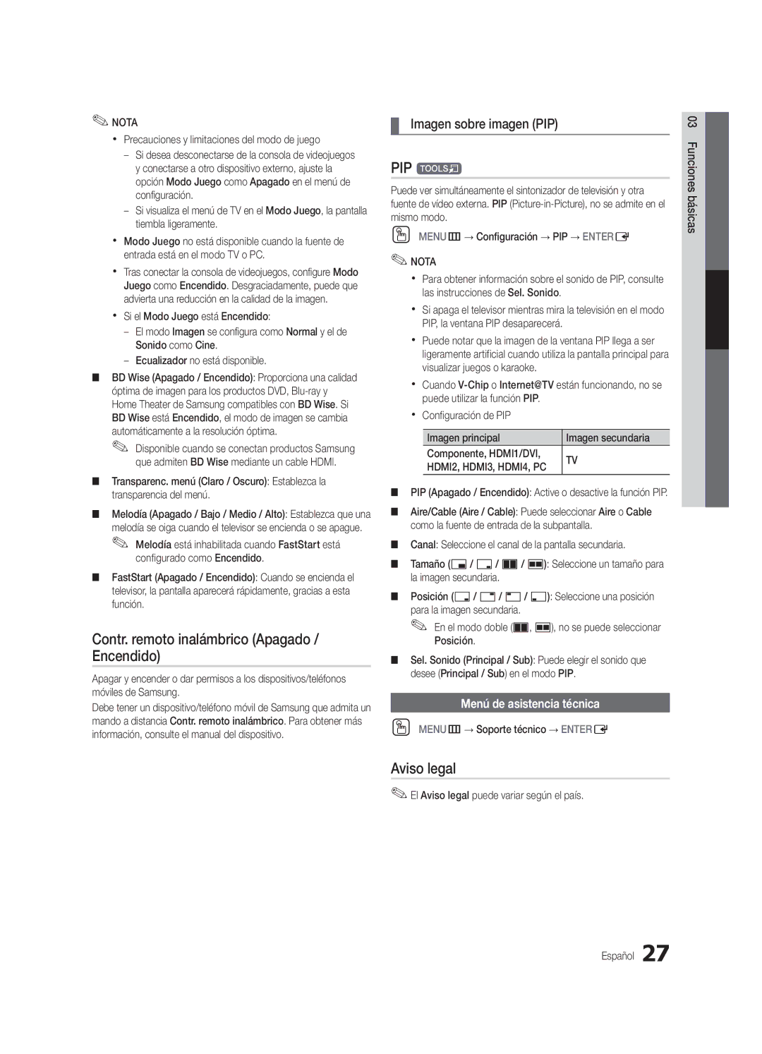 Samsung PN63C7000, PN58C7000, PN50C7000 Contr. remoto inalámbrico Apagado / Encendido, Aviso legal, Imagen sobre imagen PIP 