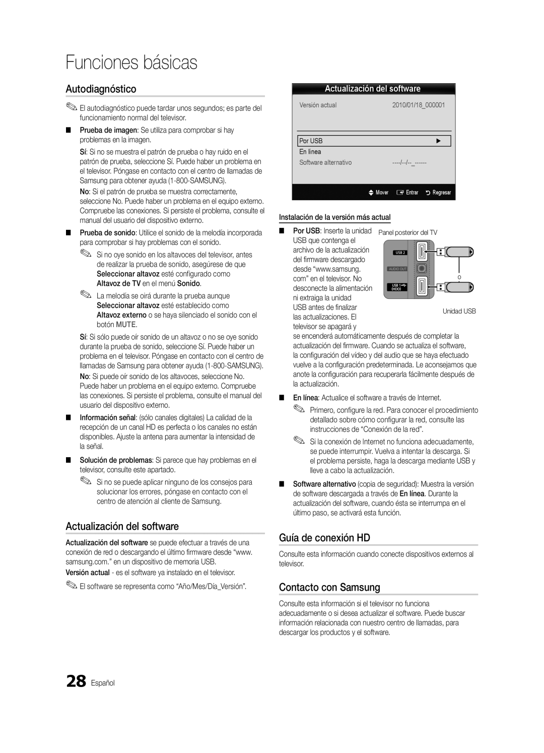 Samsung PN58C7000, PN63C7000 Autodiagnóstico, Actualización del software, Guía de conexión HD, Contacto con Samsung 