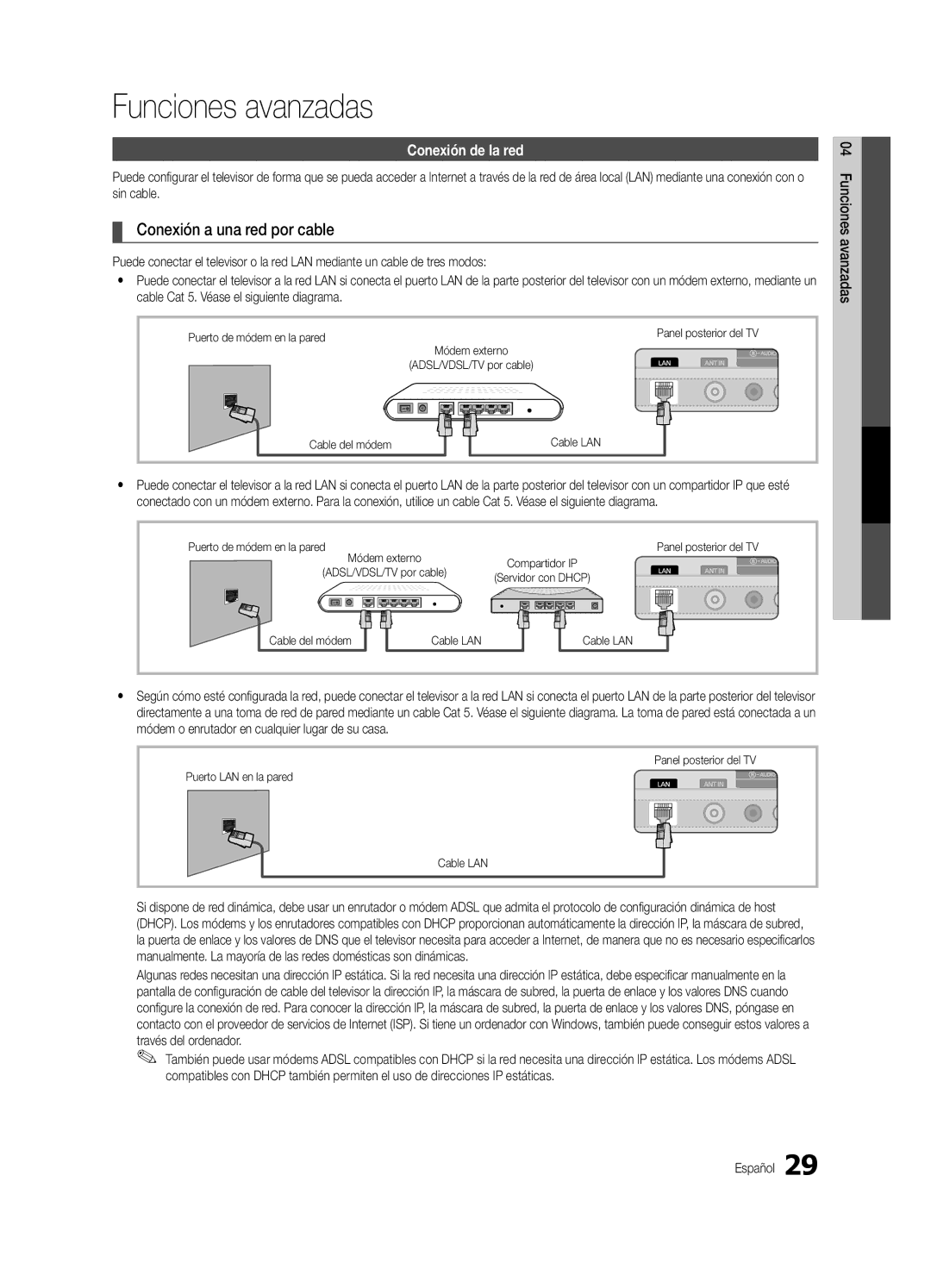 Samsung PN50C7000, PN63C7000, PN58C7000 user manual Funciones avanzadas, Conexión a una red por cable, Conexión de la red 