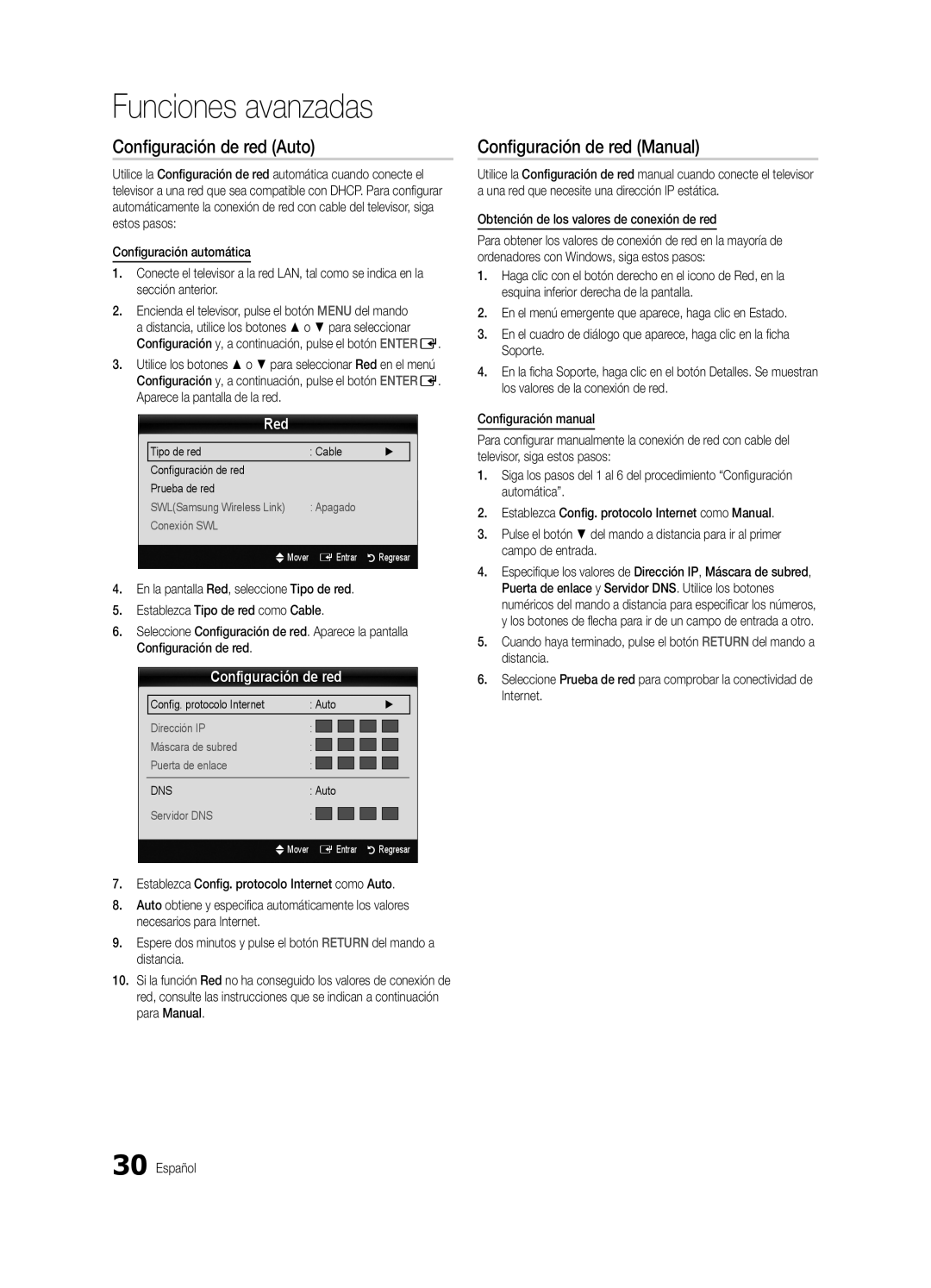 Samsung PN63C7000, PN58C7000, PN50C7000 user manual Configuración de red Auto, Configuración de red Manual, Red 