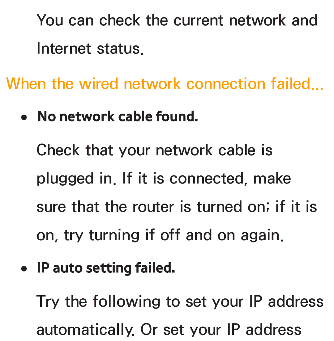 Samsung PN64E8000 manual When the wired network connection failed, No network cable found 