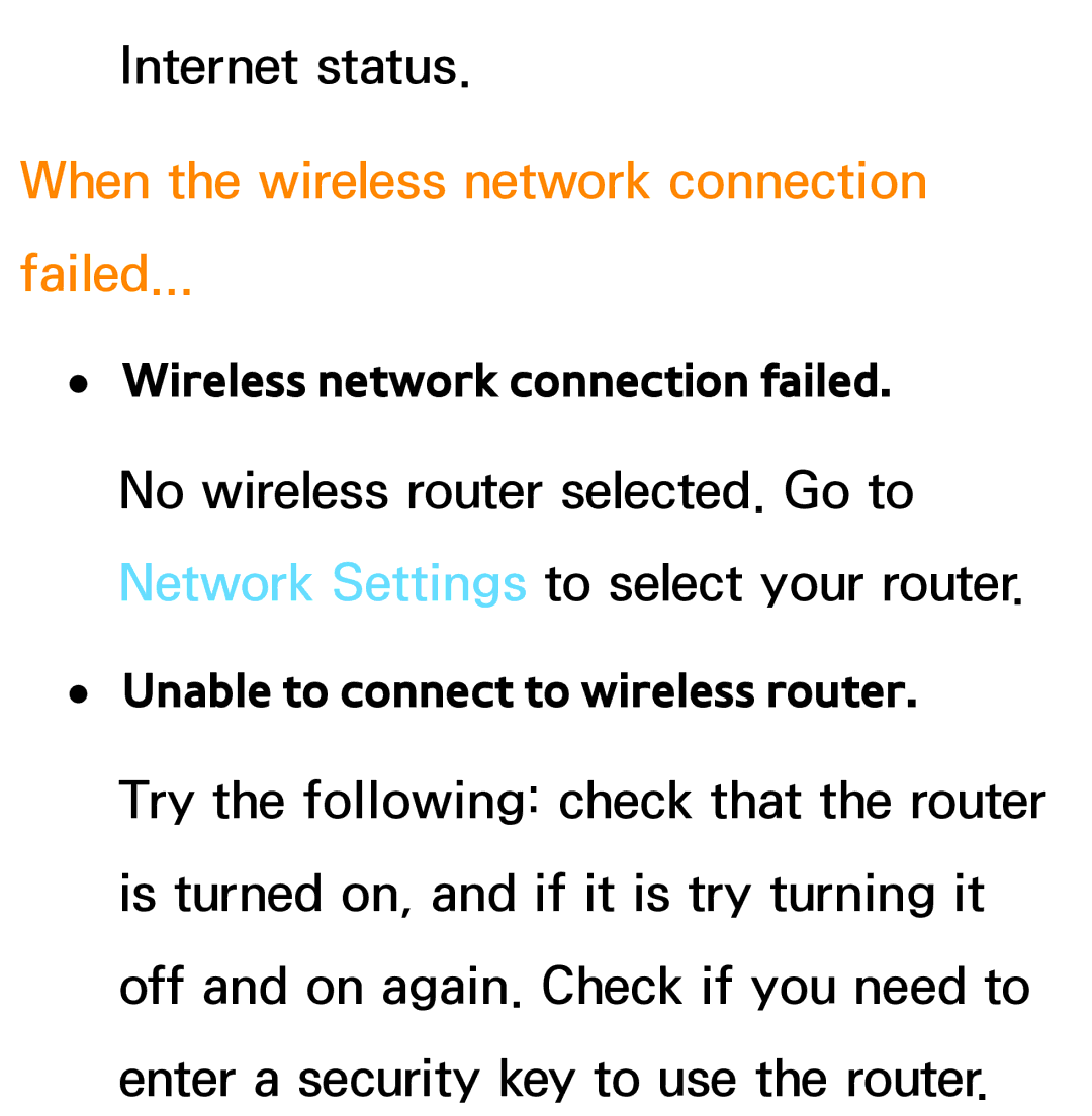 Samsung PN64E8000 manual When the wireless network connection Failed, Unable to connect to wireless router 