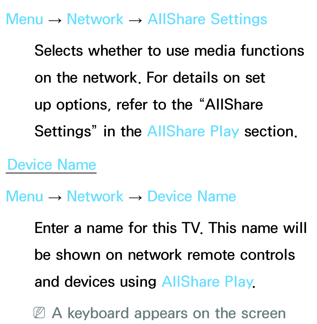 Samsung PN64E8000 manual Device Name Menu → Network → Device Name, NNA keyboard appears on the screen 