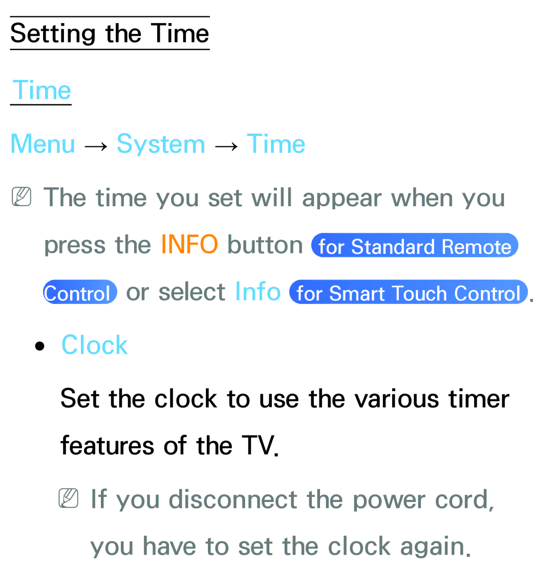 Samsung PN64E8000 manual Time Menu → System → Time, NNThe time you set will appear when you, Clock 