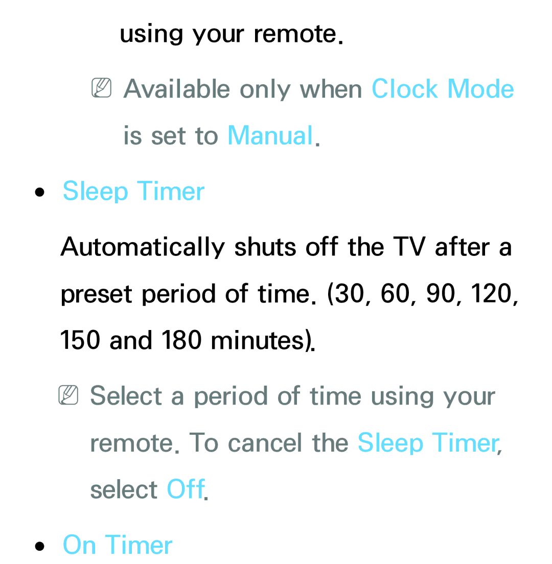 Samsung PN64E8000 manual NNAvailable only when Clock Mode is set to Manual, Sleep Timer, On Timer 