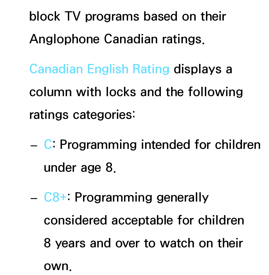 Samsung PN64E8000 manual Block TV programs based on their Anglophone Canadian ratings 