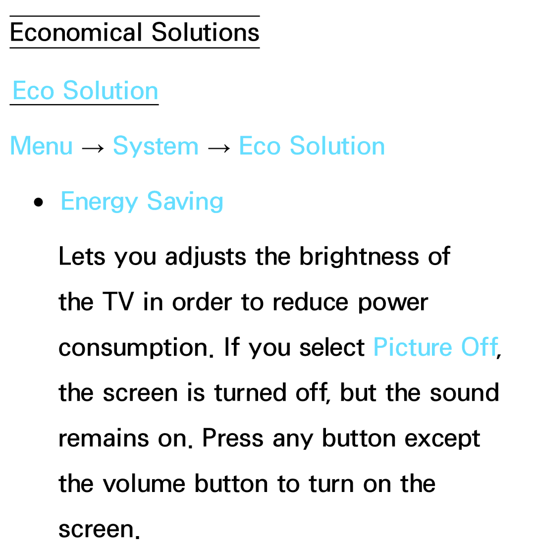 Samsung PN64E8000 manual Eco Solution Menu → System → Eco Solution Energy Saving 