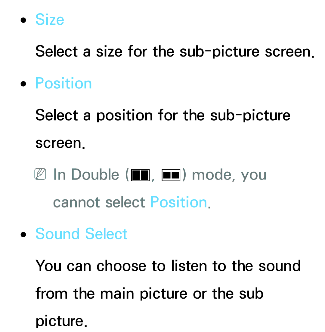 Samsung PN64E8000 manual Size, NNIn Double à, Œ mode, you cannot select Position, Sound Select 