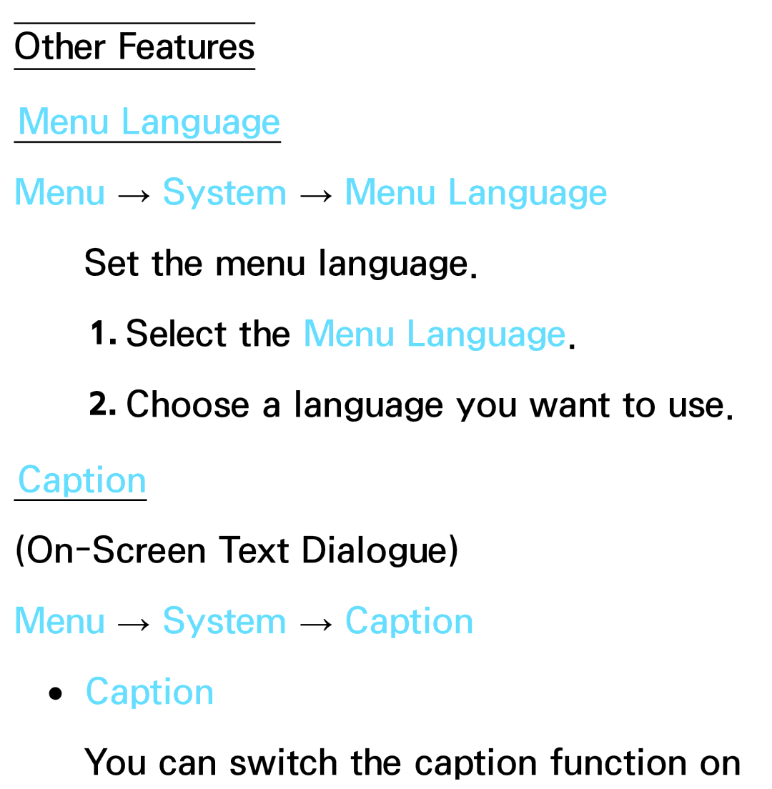 Samsung PN64E8000 manual Menu Language Menu → System → Menu Language, Select the Menu Language, Menu → System → Caption 