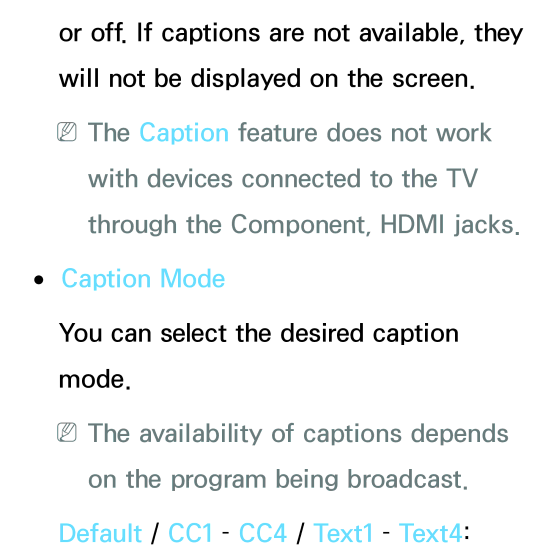 Samsung PN64E8000 manual Caption Mode, Default / CC1 CC4 / Text1 Text4 