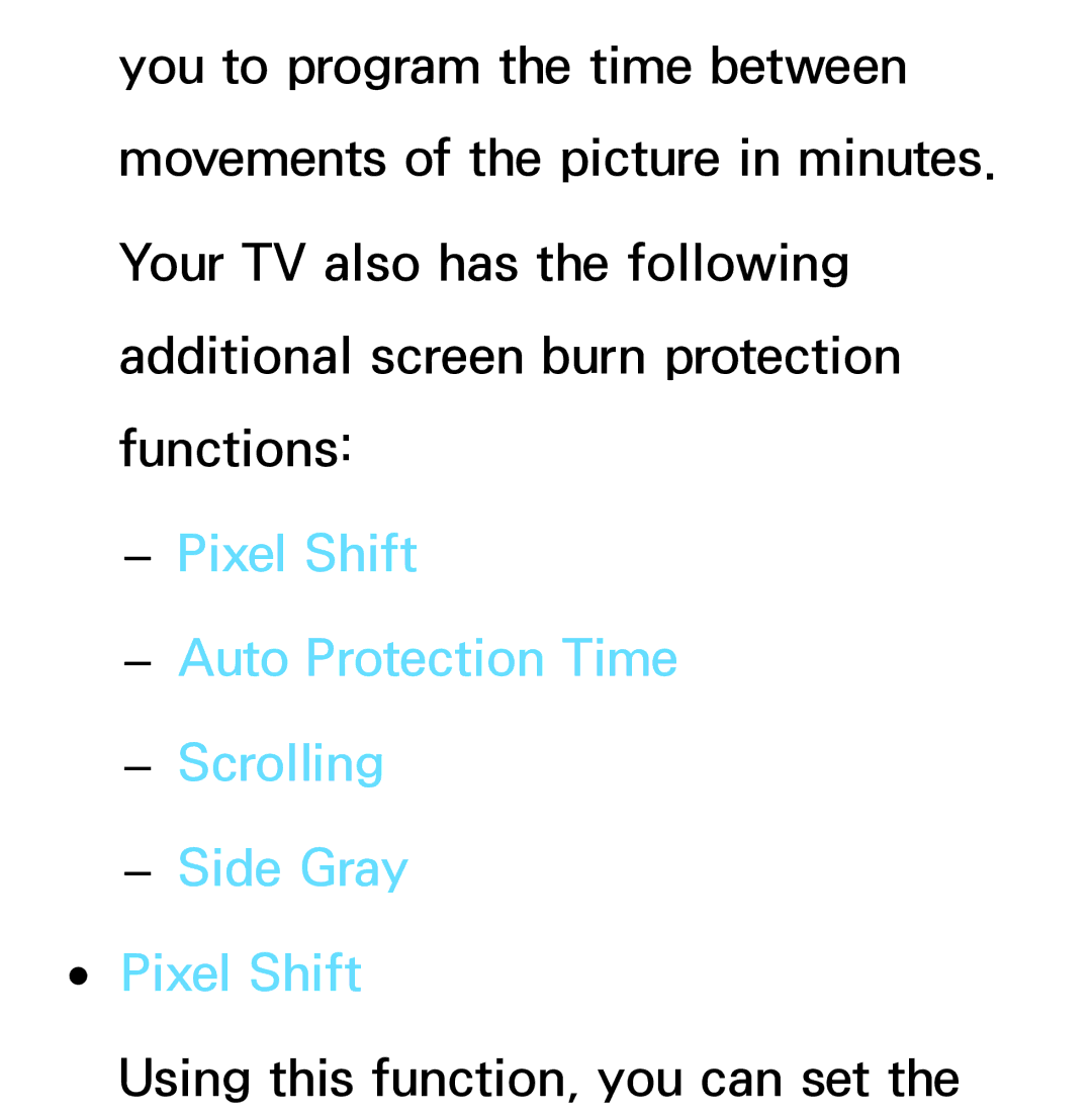 Samsung PN64E8000 manual Pixel Shift Auto Protection Time Scrolling Side Gray 