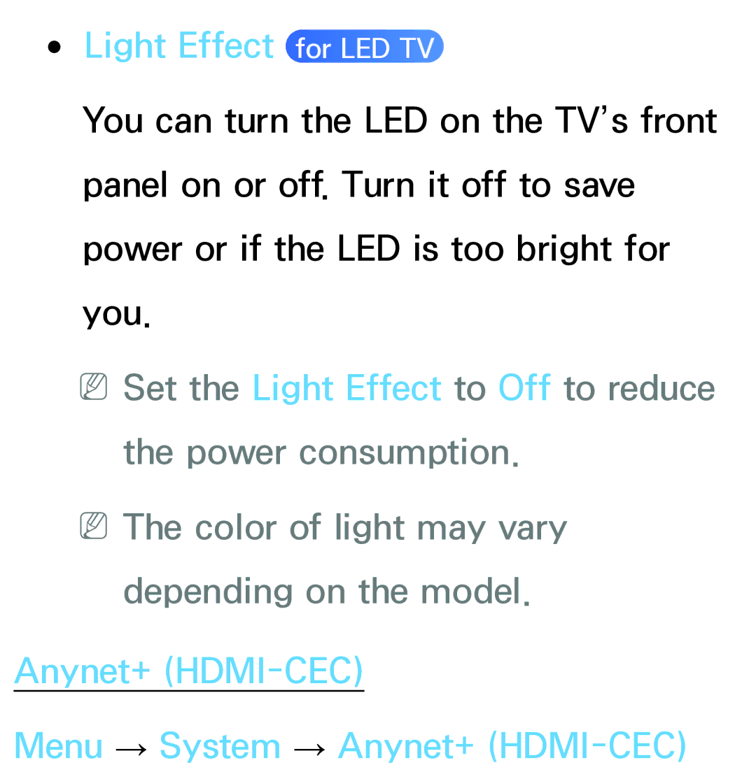 Samsung PN64E8000 manual Light Effect, Anynet+ HDMI-CEC Menu → System → Anynet+ HDMI-CEC 