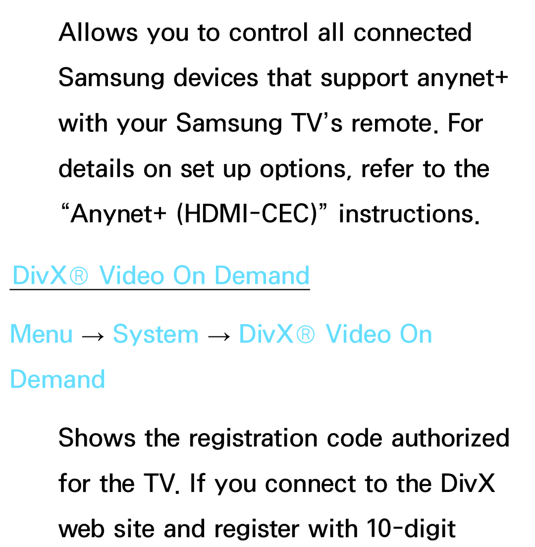 Samsung PN64E8000 manual DivX Video On Demand Menu → System → DivX Video On Demand 