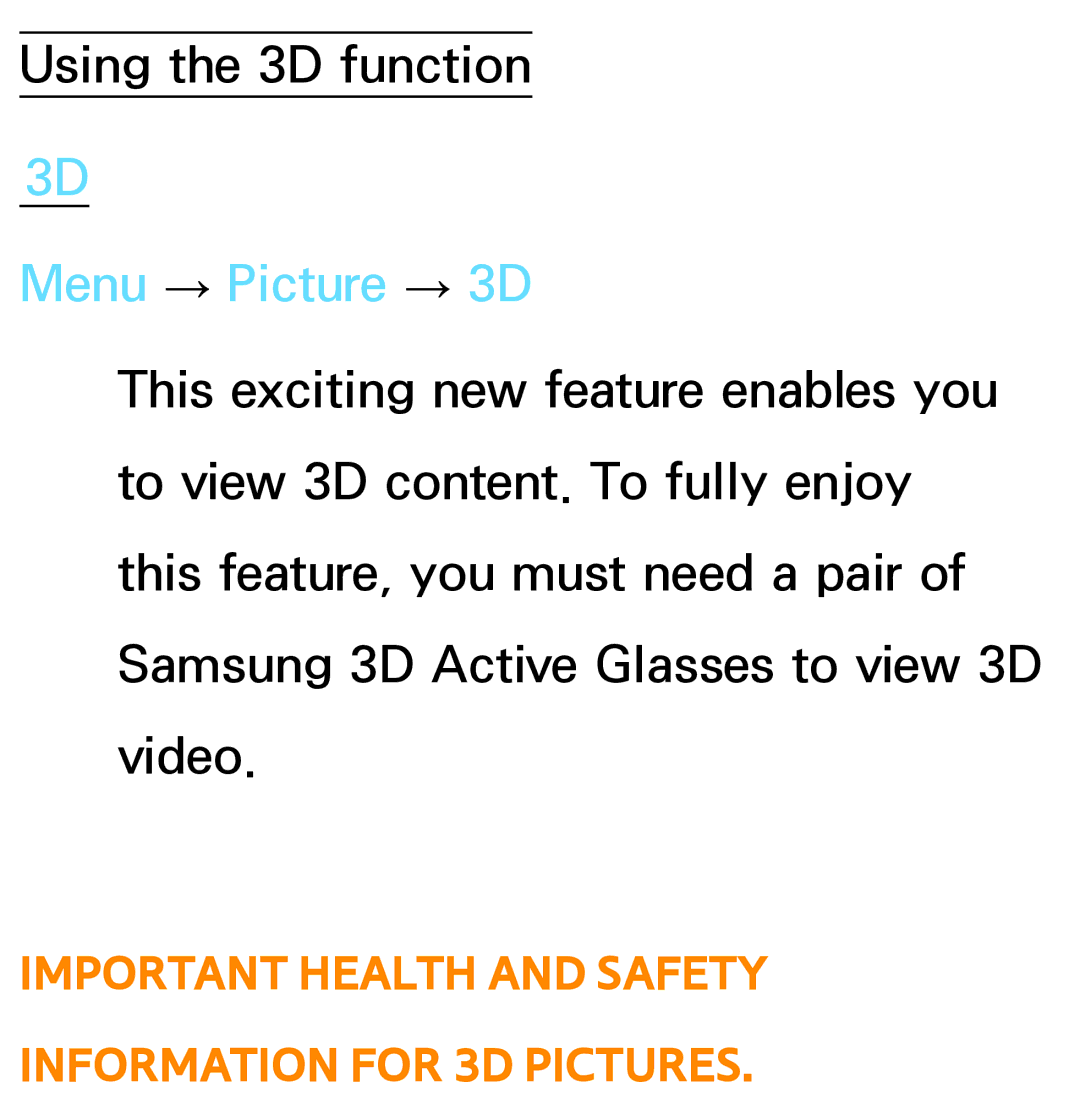 Samsung PN64E8000 manual Menu → Picture → 3D, Important Health and Safety Information for 3D Pictures 