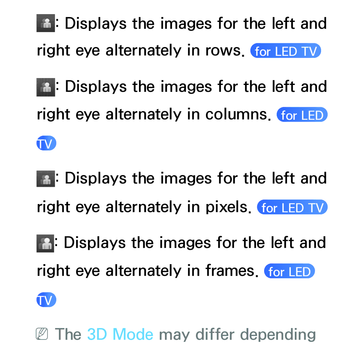 Samsung PN64E8000 manual NNThe 3D Mode may differ depending 