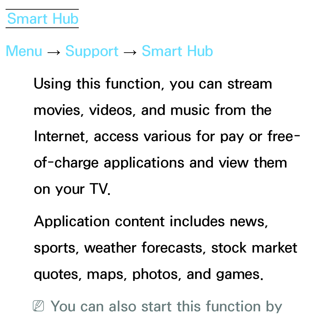 Samsung PN64E8000 manual Smart Hub Menu → Support → Smart Hub, NNYou can also start this function by 