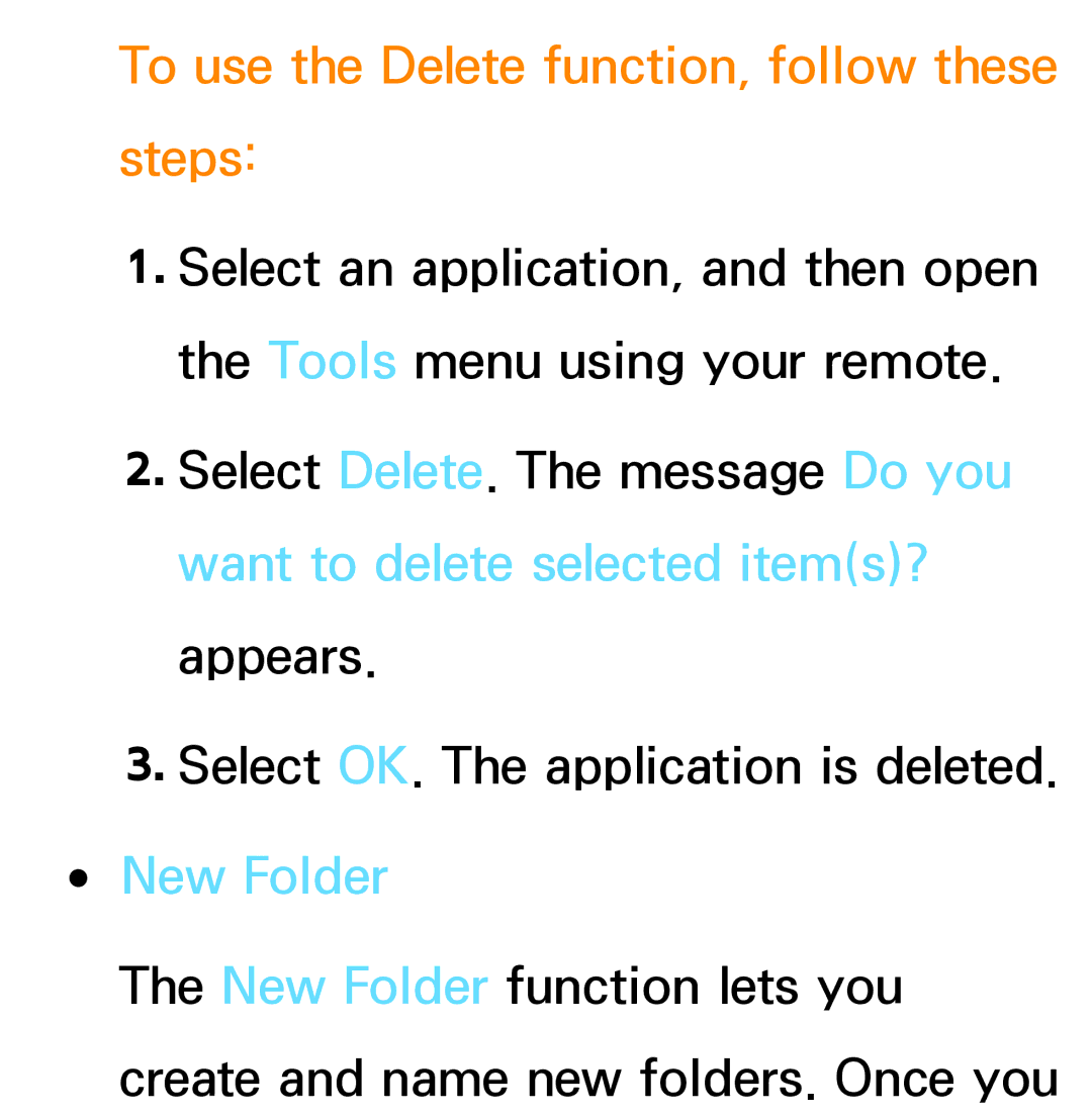 Samsung PN64E8000 manual To use the Delete function, follow these steps, New Folder 