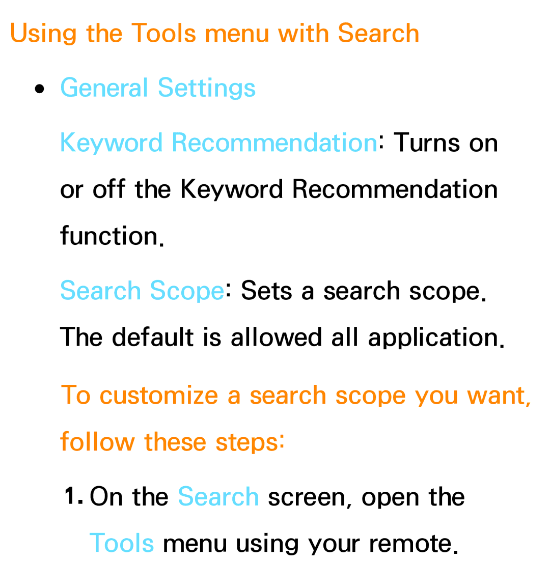 Samsung PN64E8000 manual Using the Tools menu with Search, To customize a search scope you want, follow these steps 