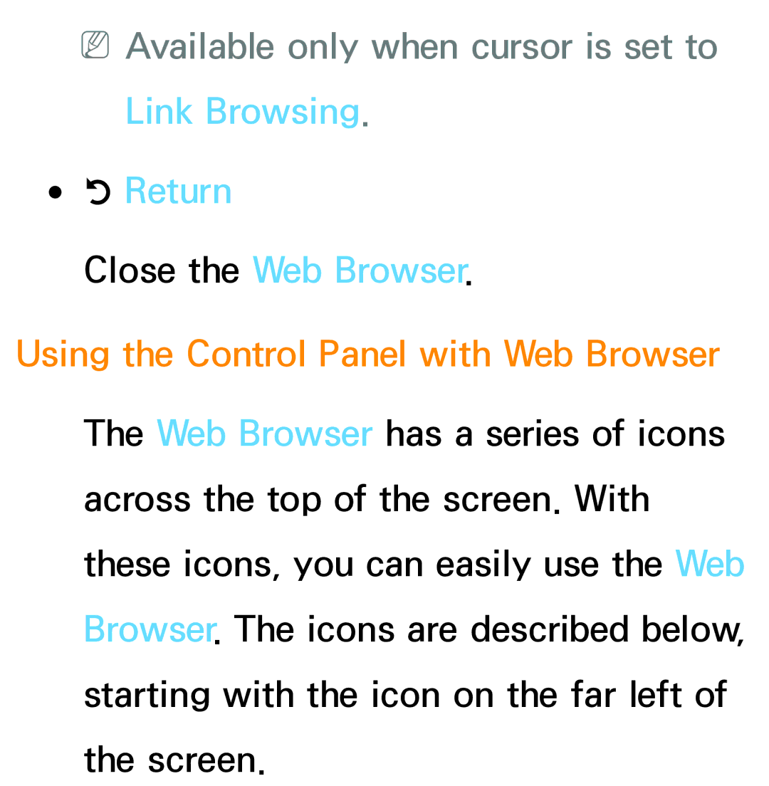 Samsung PN64E8000 manual NNAvailable only when cursor is set to Link Browsing, Using the Control Panel with Web Browser 