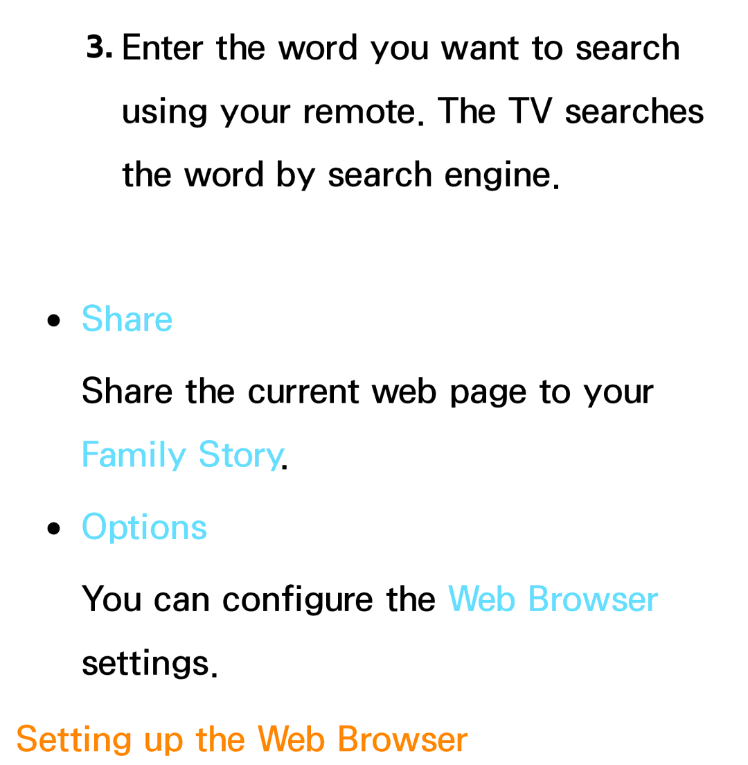 Samsung PN64E8000 manual Share, Options, Setting up the Web Browser 