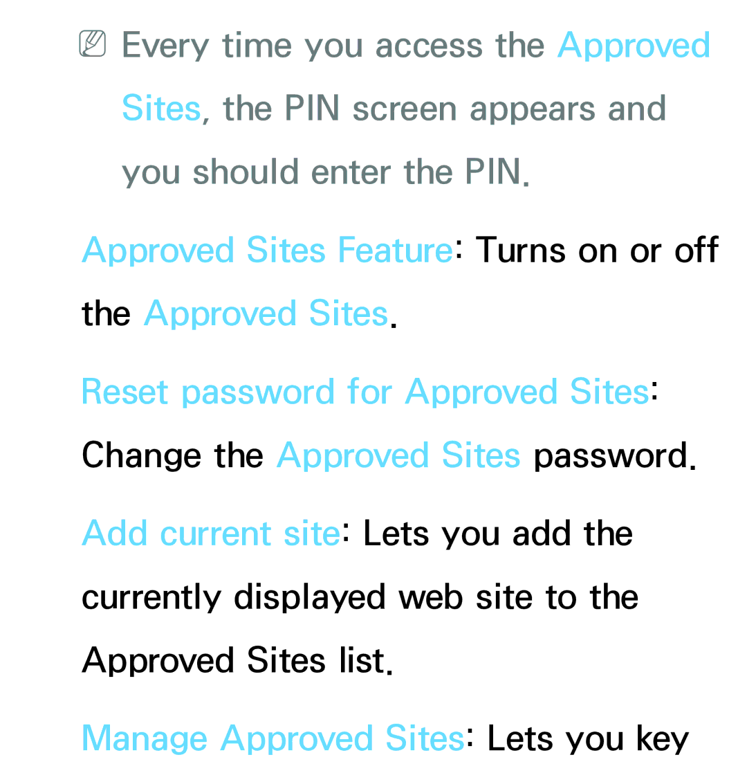 Samsung PN64E8000 manual Manage Approved Sites Lets you key 
