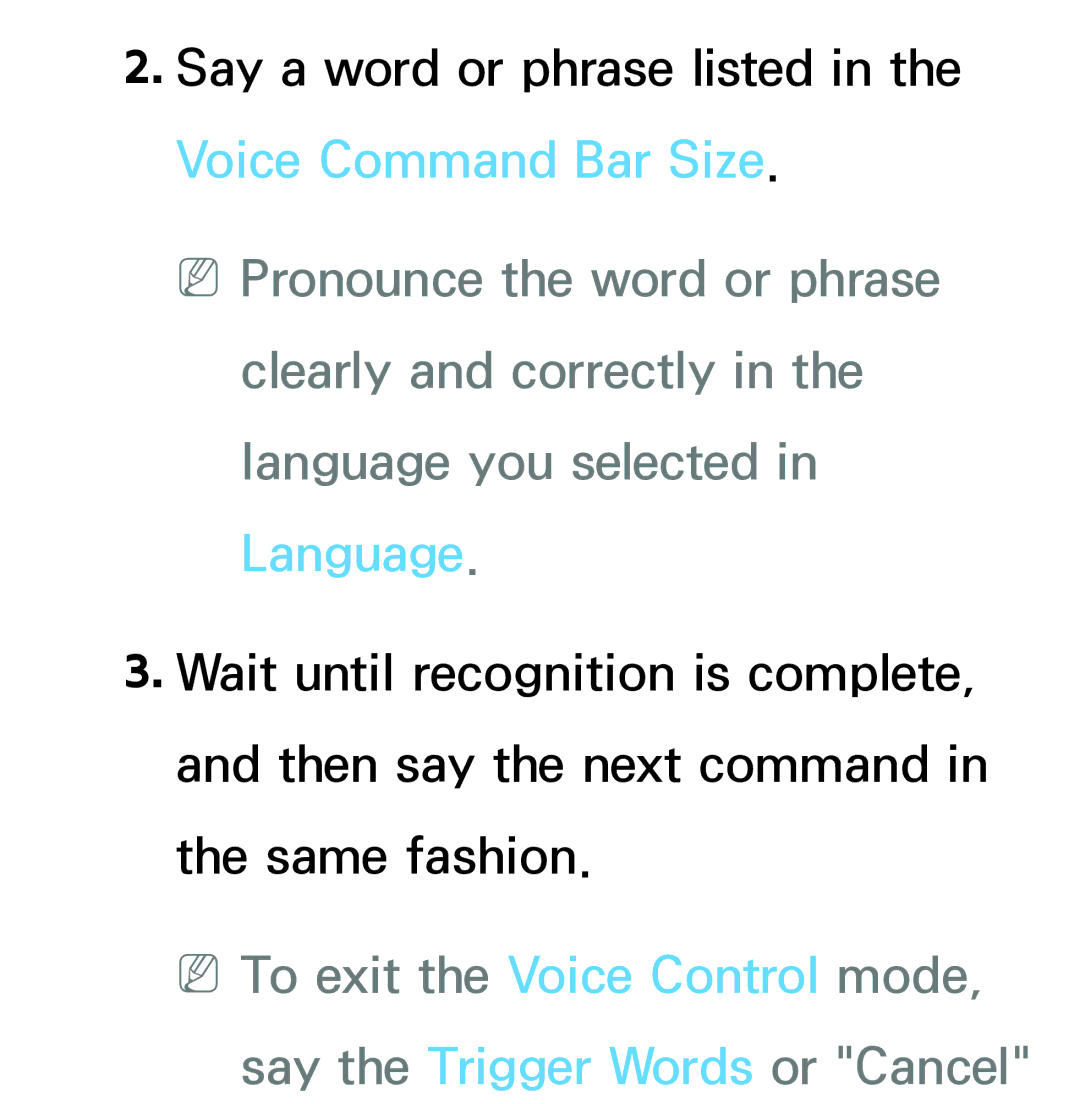 Samsung PN64E8000 manual Say a word or phrase listed in the Voice Command Bar Size 