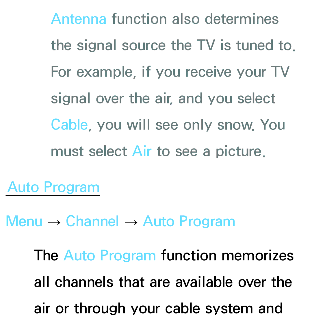 Samsung PN64E8000 manual Auto Program Menu → Channel → Auto Program 