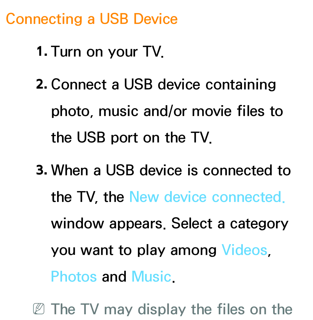 Samsung PN64E8000 manual Connecting a USB Device, NNThe TV may display the files on 