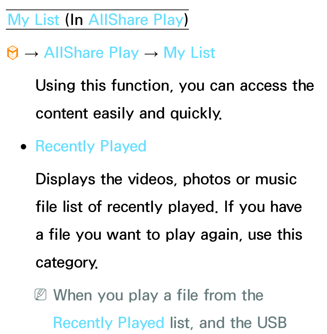 Samsung PN64E8000 manual My List In AllShare Play → AllShare Play → My List, Recently Played 