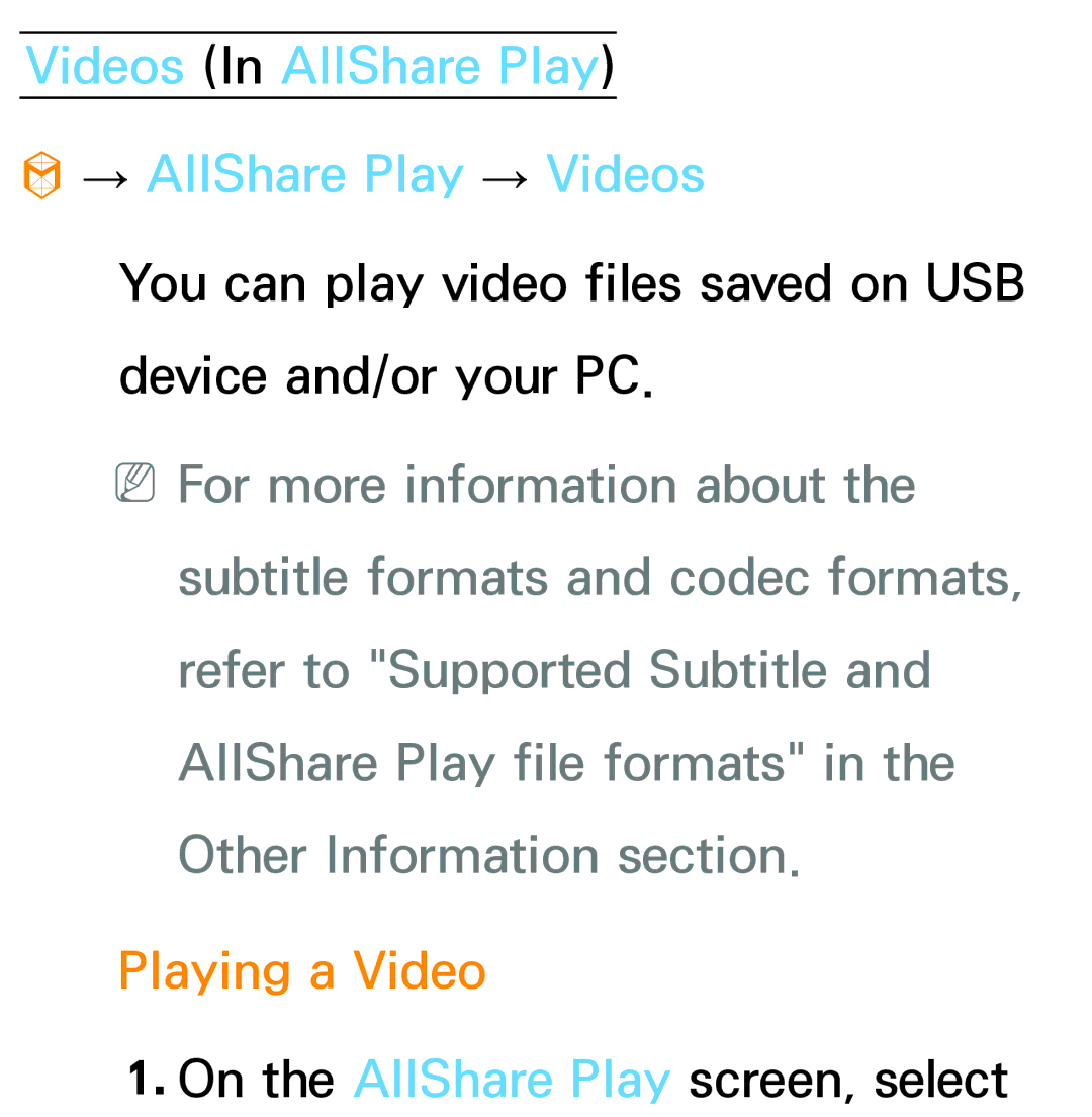 Samsung PN64E8000 manual Videos In AllShare Play → AllShare Play → Videos, Playing a Video 