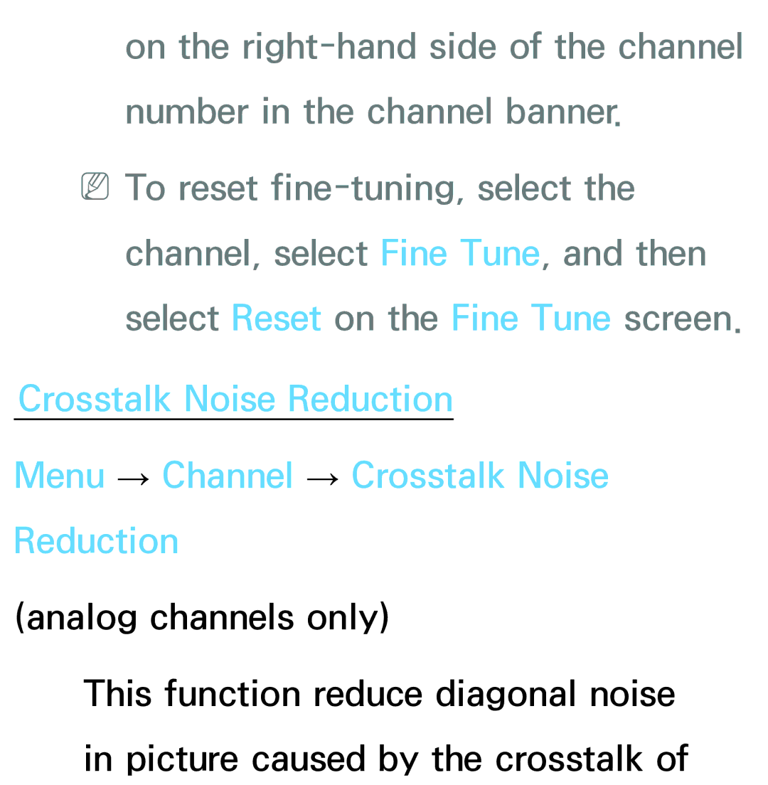 Samsung PN64E8000 manual Crosstalk Noise Reduction Menu → Channel → Crosstalk Noise 