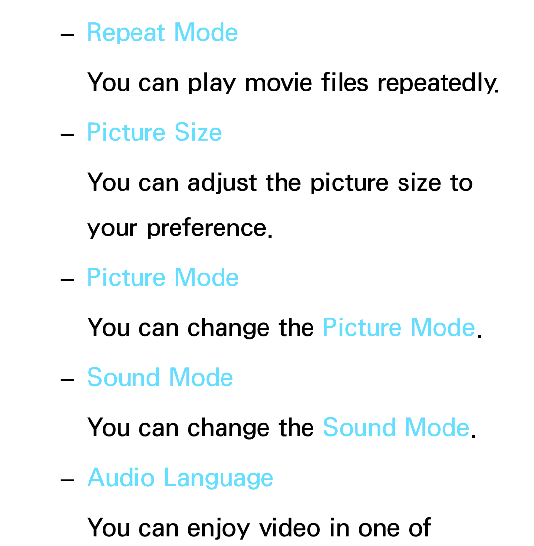 Samsung PN64E8000 manual Repeat Mode, Picture Mode, Sound Mode, Audio Language 