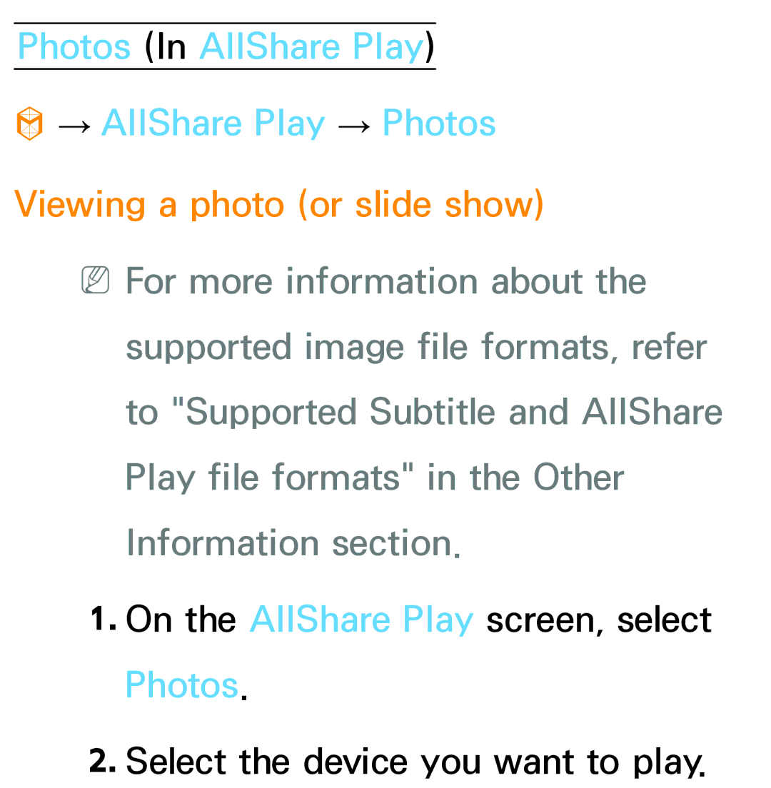Samsung PN64E8000 manual Photos In AllShare Play → AllShare Play → Photos, Viewing a photo or slide show 