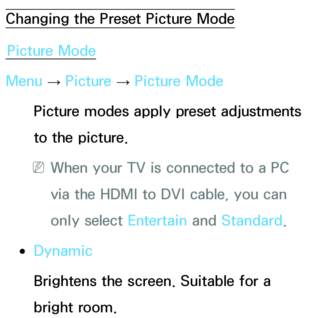 Samsung PN64E8000 manual Picture Mode Menu → Picture → Picture Mode, Dynamic 