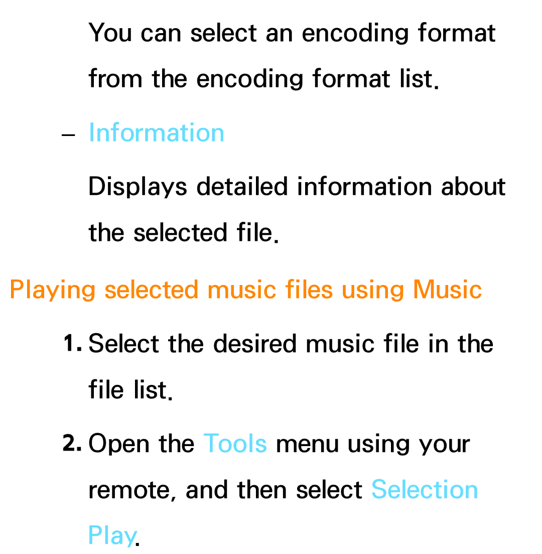 Samsung PN64E8000 manual Information, Playing selected music files using Music 