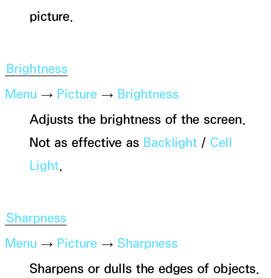 Samsung PN64E8000 manual Brightness Menu → Picture → Brightness, Sharpness Menu → Picture → Sharpness 