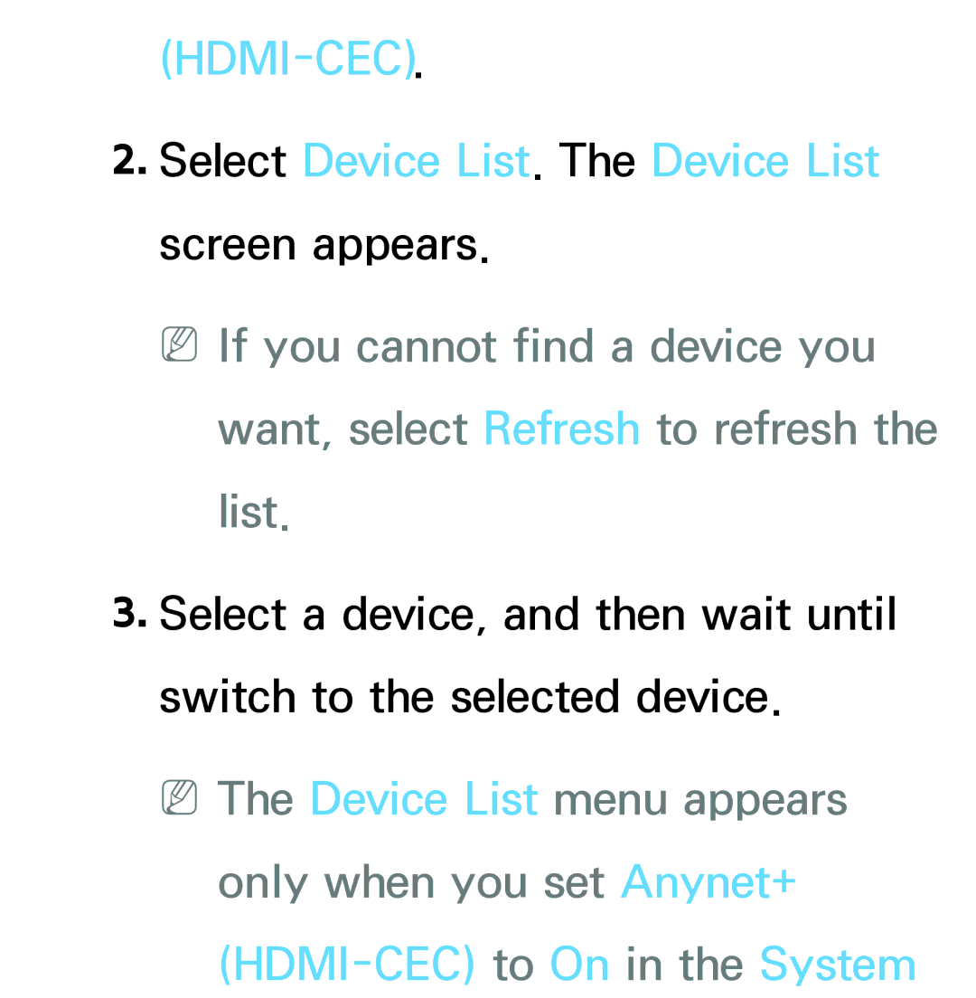 Samsung PN64E8000 manual Hdmi-Cec, Select Device List. The Device List screen appears 